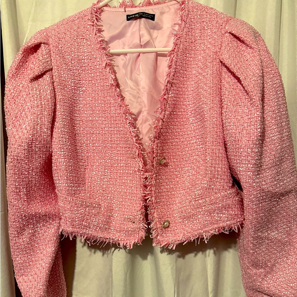 Raw Trim Puff Sleeve Crop Tweed Overcoat